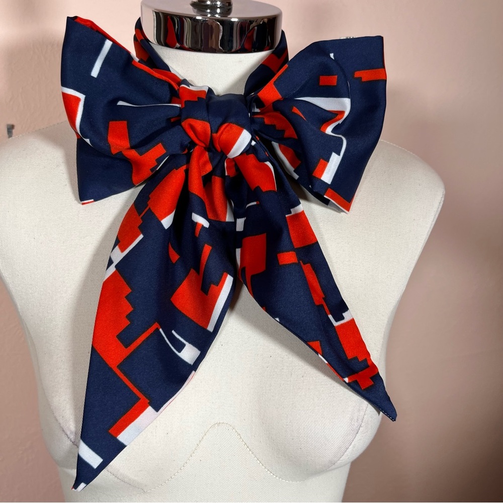 Vintage 60 70 Mod  art deco Geometric Blue Red Long Skinny Satin Neck Scarf